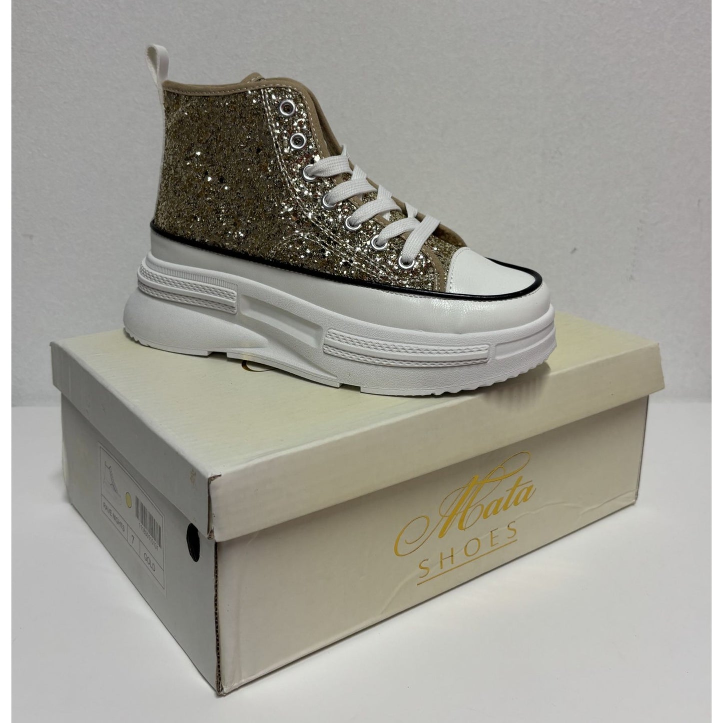 MATA / Rave Nights / Glitter High-Top / Platform / Sneakers / Gold & White / Size 7