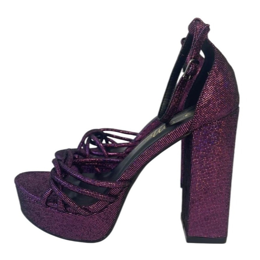 SO ME / Disco / Purple Metallic / Platform / High Heels With Crisscross / Straps & Ankle Buckle / Size 8.5