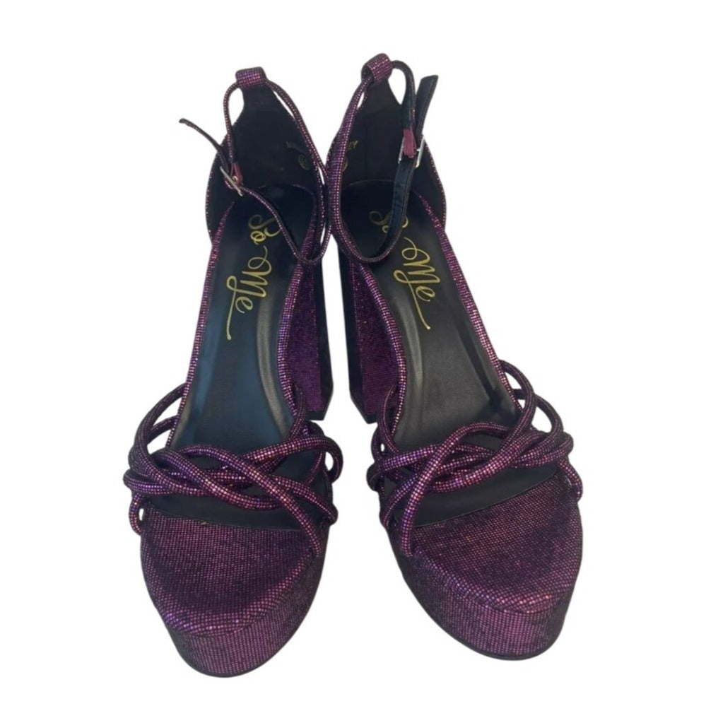 SO ME / Disco / Purple Metallic / Platform / High Heels With Crisscross / Straps & Ankle Buckle / Size 8.5