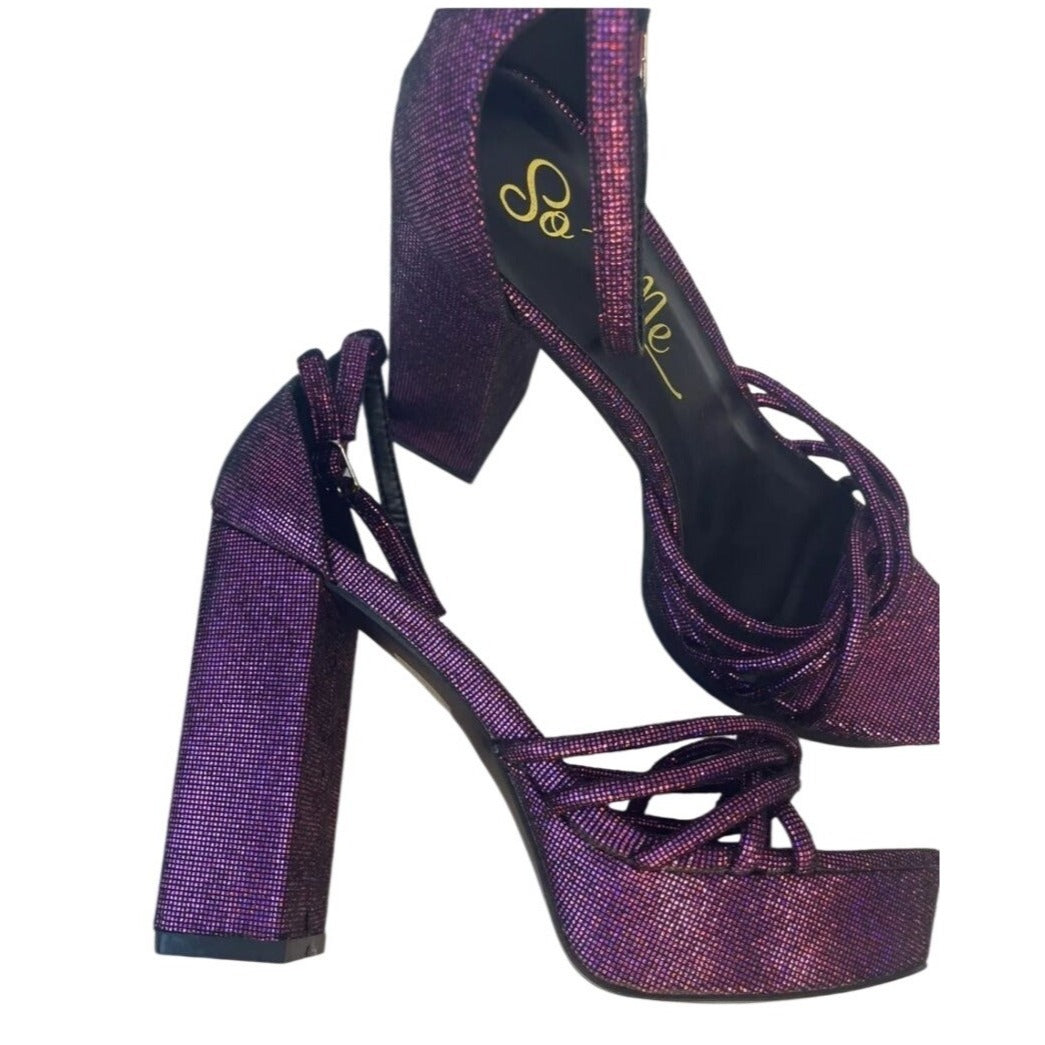 SO ME / Disco / Purple Metallic / Platform / High Heels With Crisscross / Straps & Ankle Buckle / Size 8.5
