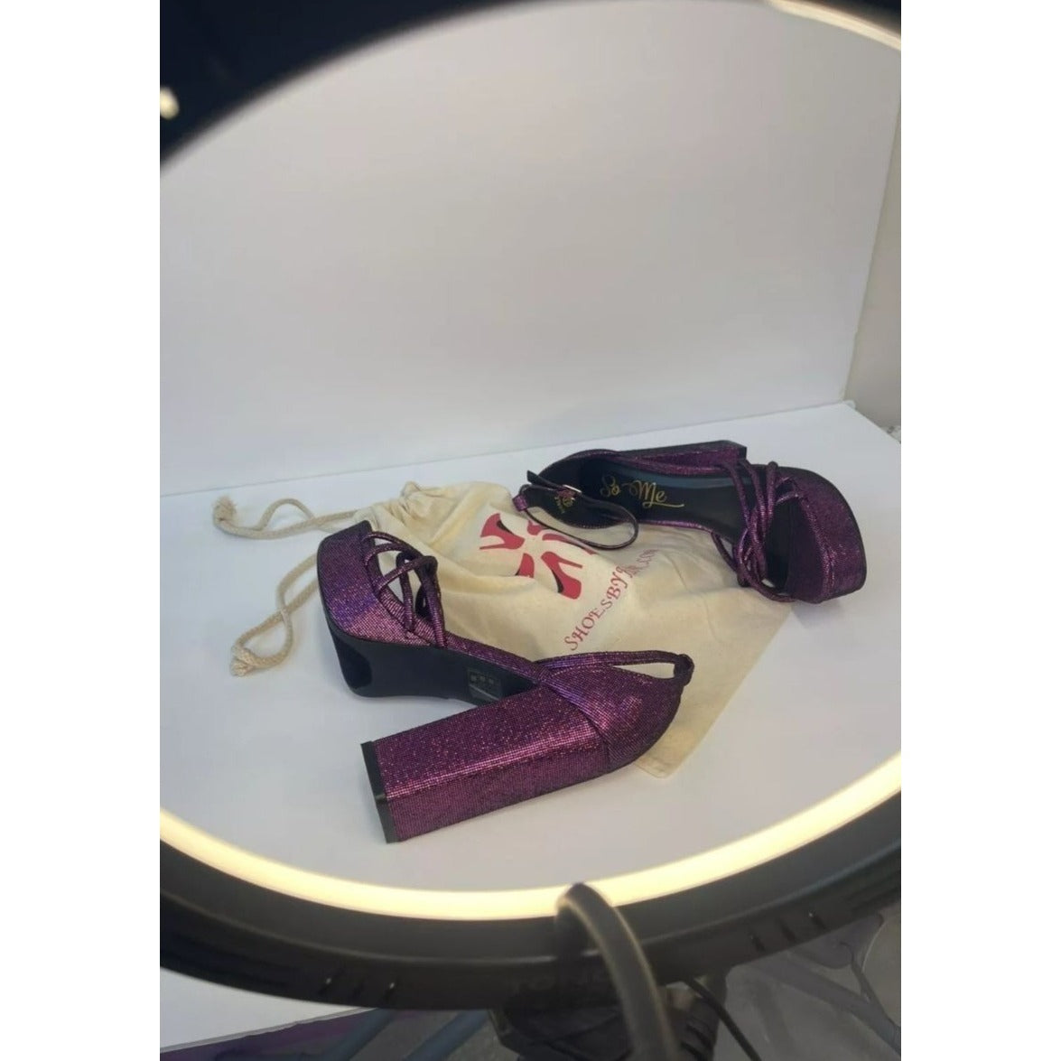 SO ME / Disco / Purple Metallic / Platform / High Heels With Crisscross / Straps & Ankle Buckle / Size 8.5
