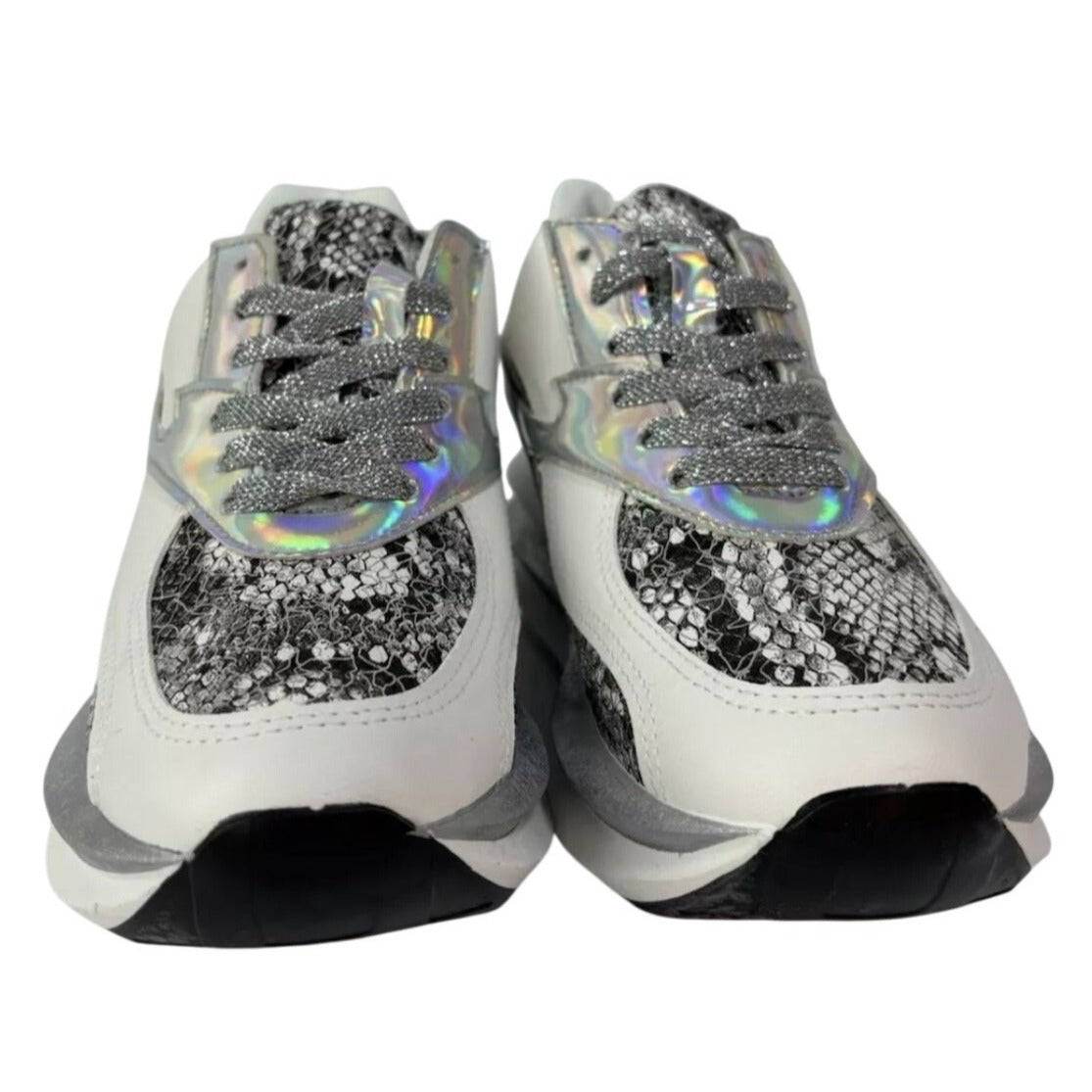 UNILADY / Franky-2 / Sneaker / Reflective & Snakeskin / Pattern Chunky Sneakers / With Silver Accents