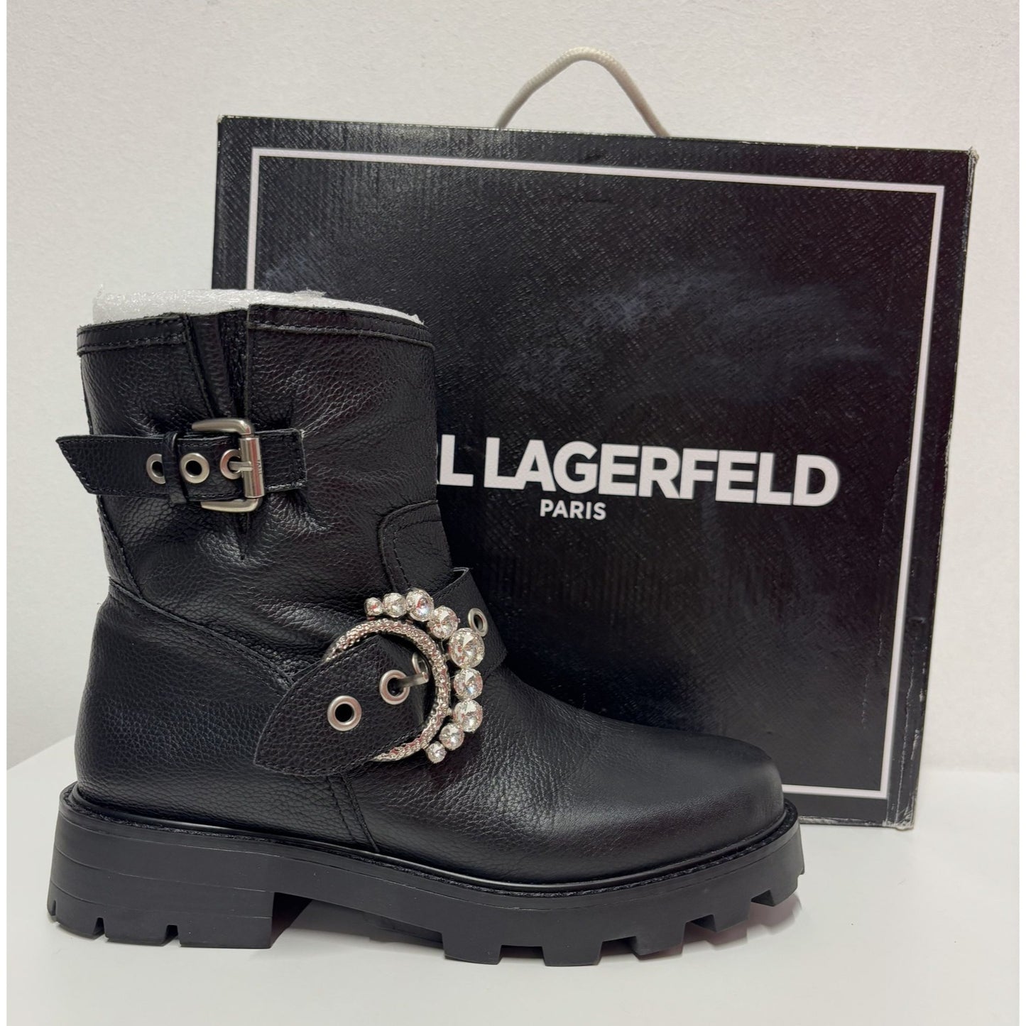 KARL LAGERFELD / Marceau / Black / Lug-Sole / Combat Boot / With Crystal Detail / Size 9M