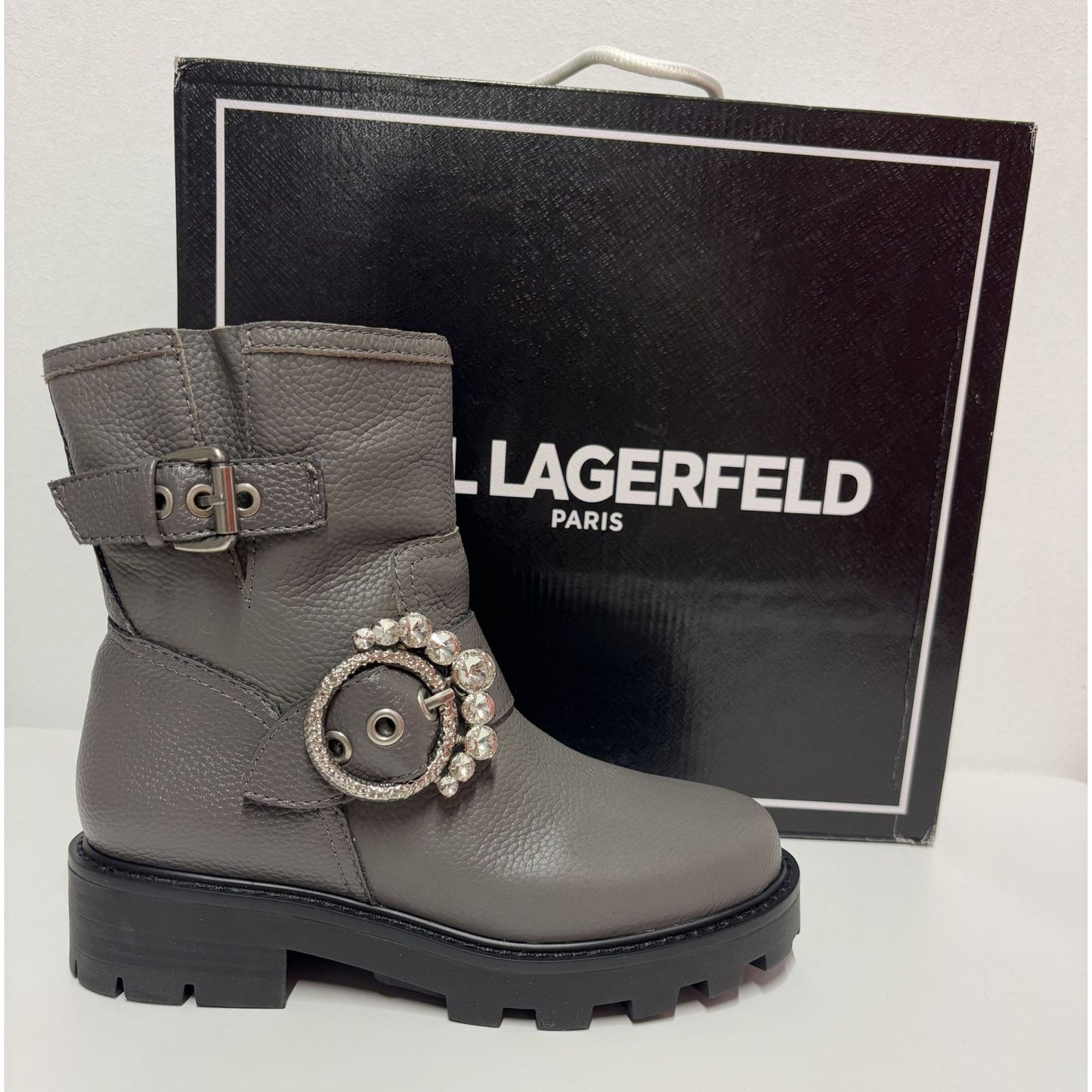 KARL LAGERFELD / Marceau / Grey / Leather Lug-Sole / Combat Boot / With Crystal Detail