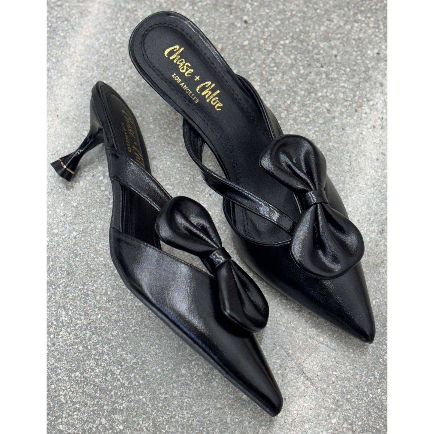 CHASE + CHLOE / Idra-3 / Womens Pointed Toe Kitten / Mules With Bow Black / Size 9