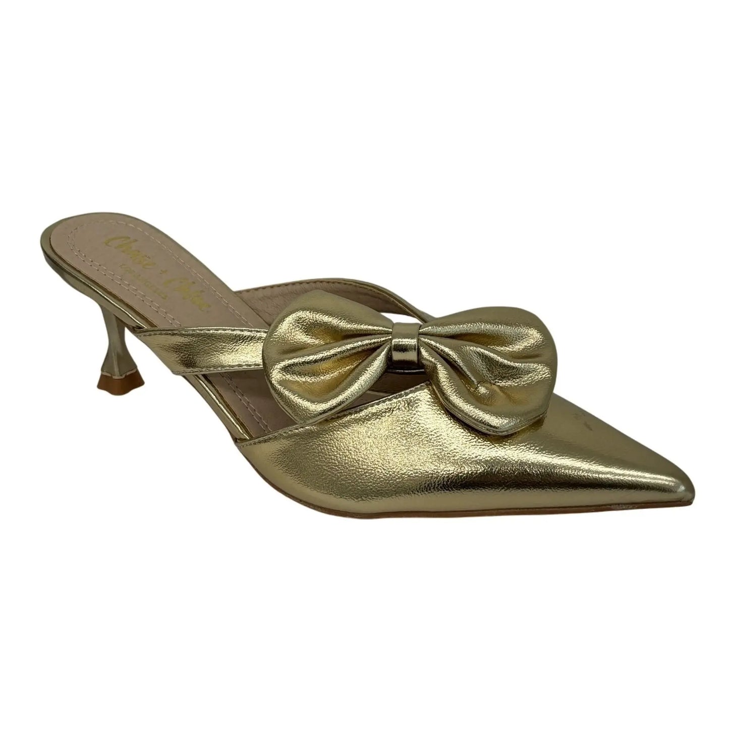 CHASE + CHLOE / Idra-3 / Gold / Pointed-Toe / Kitten Heel / Mules With Bow Accent SHOES BY FLOR