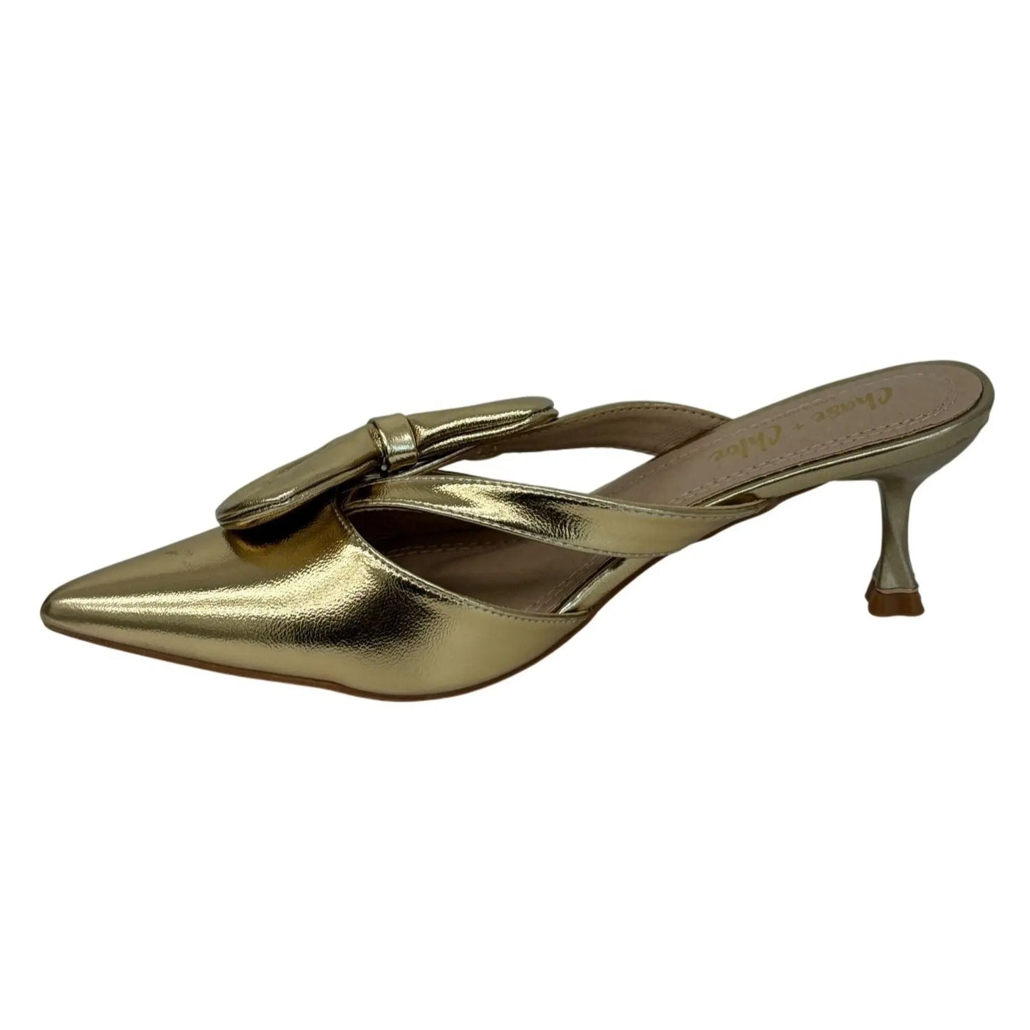 CHASE + CHLOE / Idra-3 / Gold / Pointed-Toe / Kitten Heel / Mules With Bow Accent SHOES BY FLOR