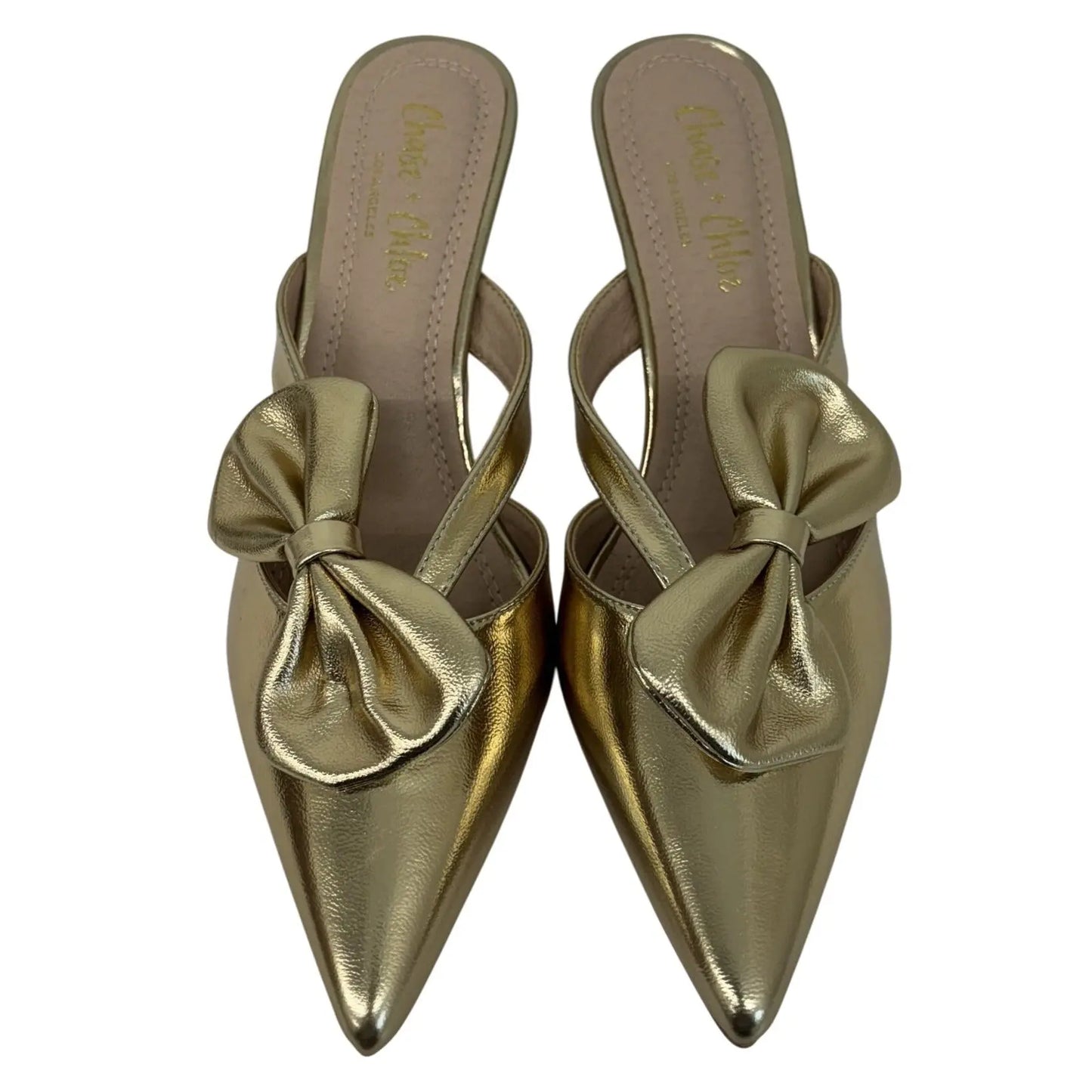 CHASE + CHLOE / Idra-3 / Gold / Pointed-Toe / Kitten Heel / Mules With Bow Accent SHOES BY FLOR