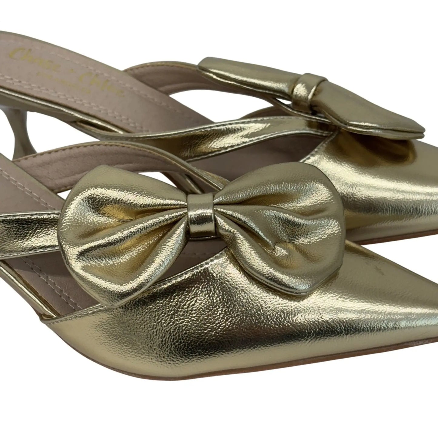 CHASE + CHLOE / Idra-3 / Gold / Pointed-Toe / Kitten Heel / Mules With Bow Accent SHOES BY FLOR