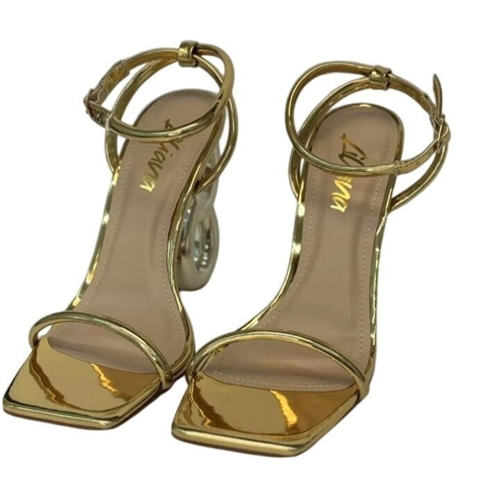 LILIANA / Duet-2 /Gold Metallic / Heeled Sandals / With Unique Number 8 / Heel Design & Ankle Strap SHOES BY FLOR