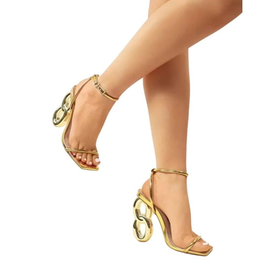 LILIANA / Duet-2 /Gold Metallic / Heeled Sandals / With Unique Number 8 / Heel Design & Ankle Strap SHOES BY FLOR