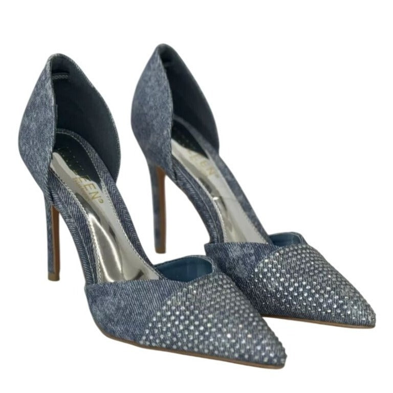 KAYLEEN / Net-26 / Blue Deni / Rhinestone / Pointed-Toe Pumps / With High Stiletto Heel SHOES BY FLOR