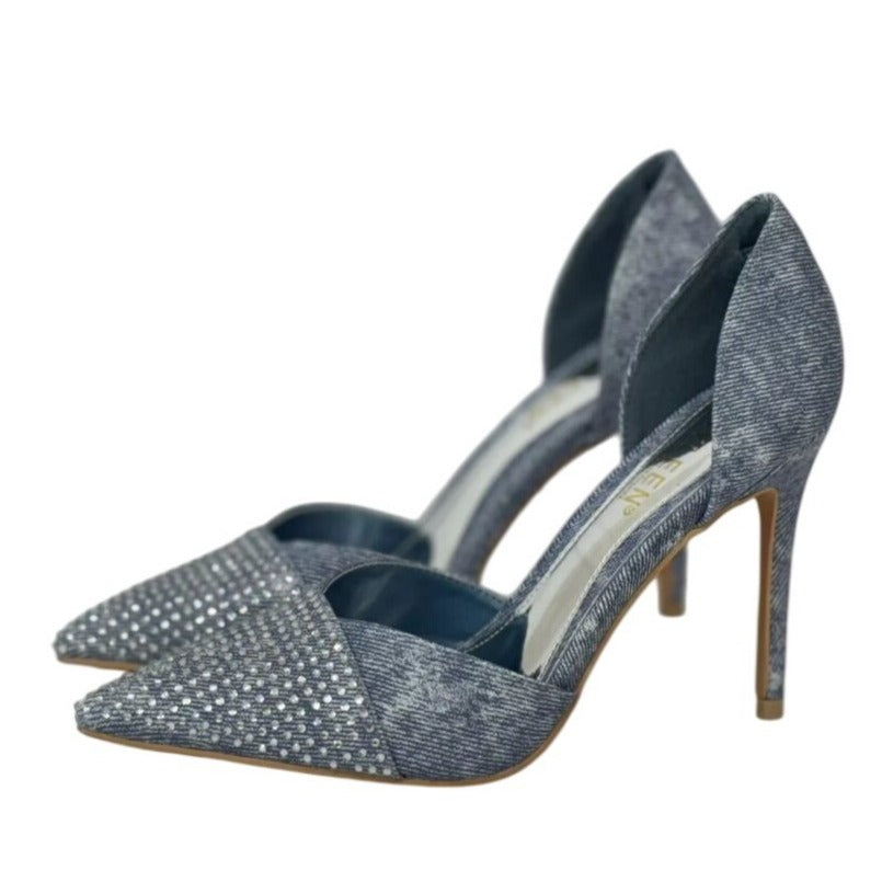 KAYLEEN / Net-26 / Blue Deni / Rhinestone / Pointed-Toe Pumps / With High Stiletto Heel SHOES BY FLOR