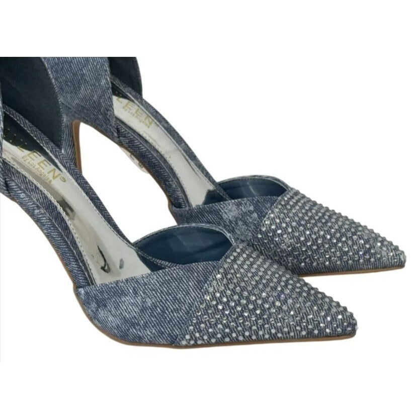 KAYLEEN / Net-26 / Blue Deni / Rhinestone / Pointed-Toe Pumps / With High Stiletto Heel SHOES BY FLOR