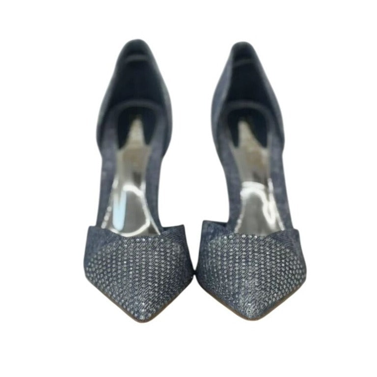 KAYLEEN / Net-26 / Blue Deni / Rhinestone / Pointed-Toe Pumps / With High Stiletto Heel SHOES BY FLOR