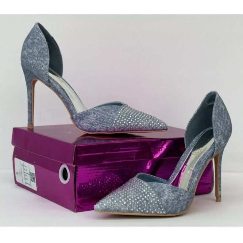 KAYLEEN / Net-26 / Blue Deni / Rhinestone / Pointed-Toe Pumps / With High Stiletto Heel SHOES BY FLOR