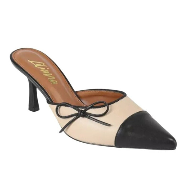 LILIANA / Mindi-1 / Vintage-Inspired/ Beige & Black / Slingback / Pointed-Toe Heels / With Bow Detail SHOES BY FLOR