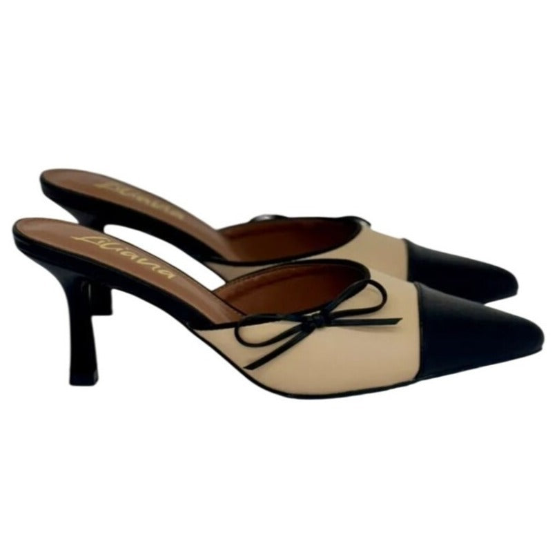 LILIANA / Mindi-1 / Vintage-Inspired/ Beige & Black / Slingback / Pointed-Toe Heels / With Bow Detail SHOES BY FLOR