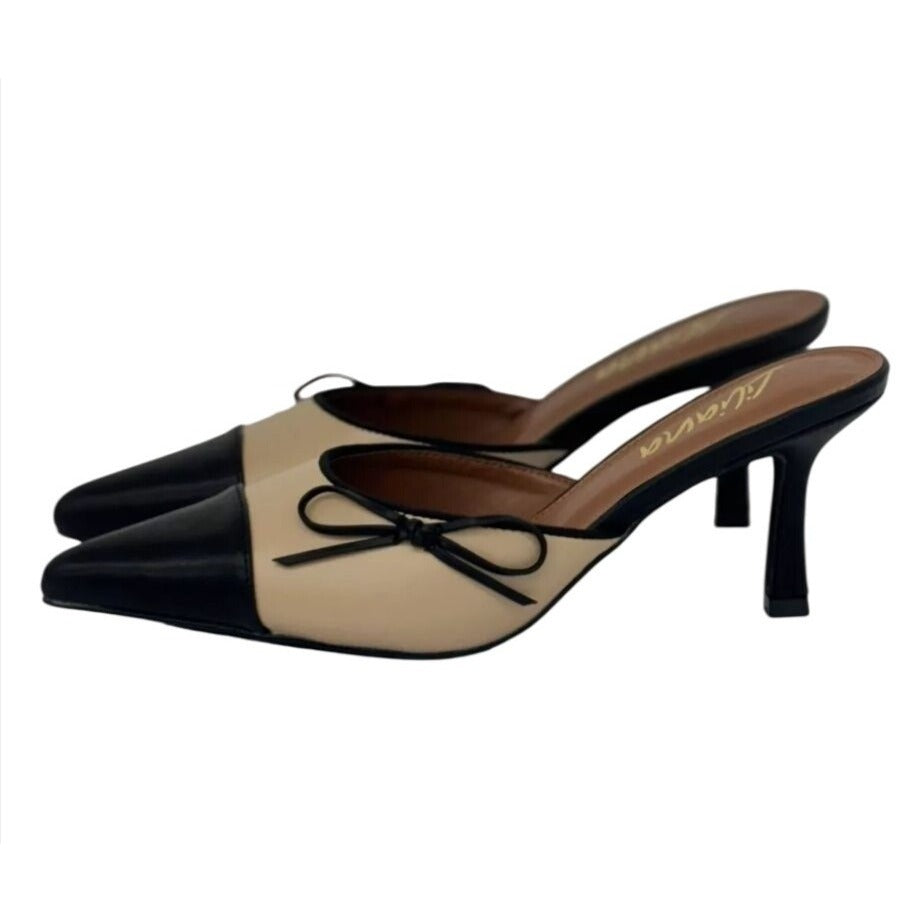 LILIANA / Mindi-1 / Vintage-Inspired/ Beige & Black / Slingback / Pointed-Toe Heels / With Bow Detail SHOES BY FLOR