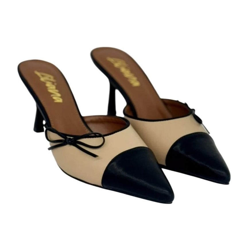 LILIANA / Mindi-1 / Vintage-Inspired/ Beige & Black / Slingback / Pointed-Toe Heels / With Bow Detail SHOES BY FLOR