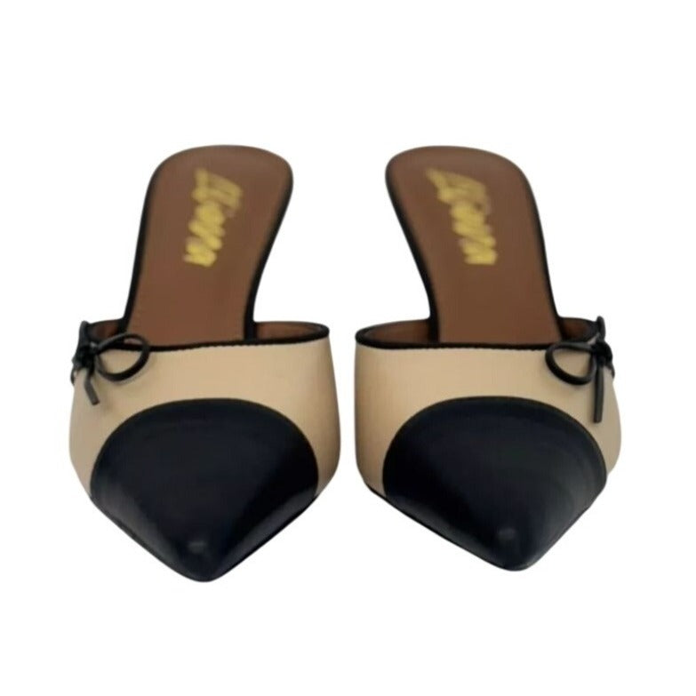 LILIANA / Mindi-1 / Vintage-Inspired/ Beige & Black / Slingback / Pointed-Toe Heels / With Bow Detail SHOES BY FLOR