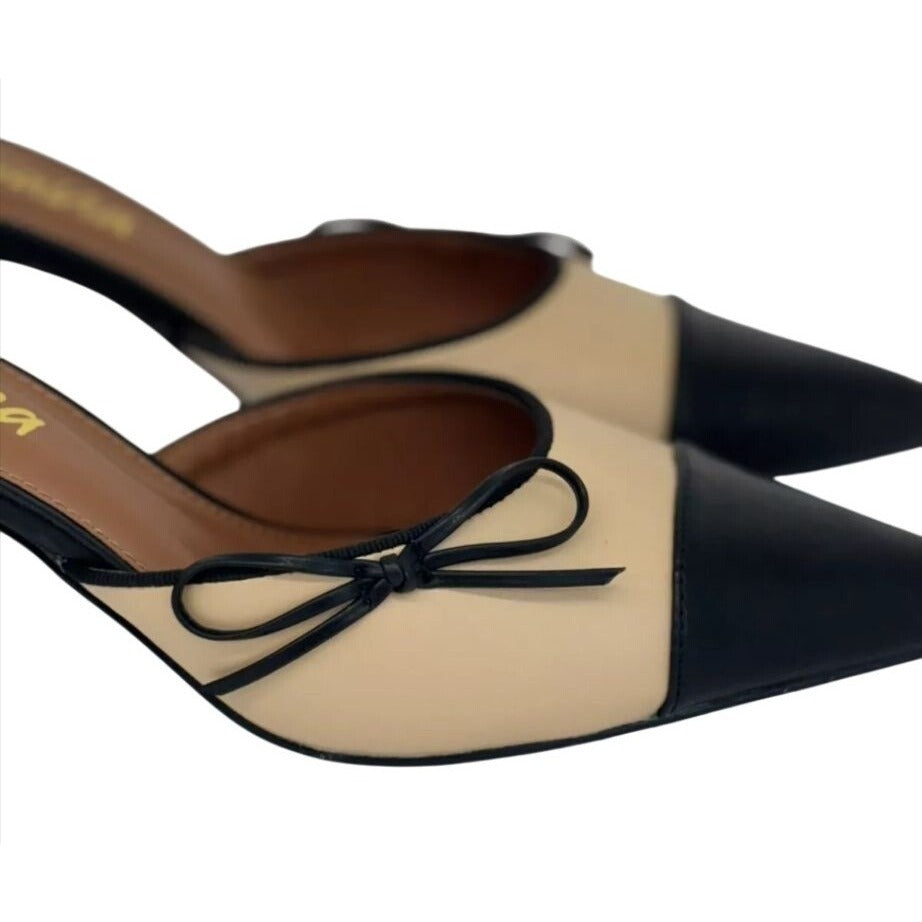 LILIANA / Mindi-1 / Vintage-Inspired/ Beige & Black / Slingback / Pointed-Toe Heels / With Bow Detail SHOES BY FLOR