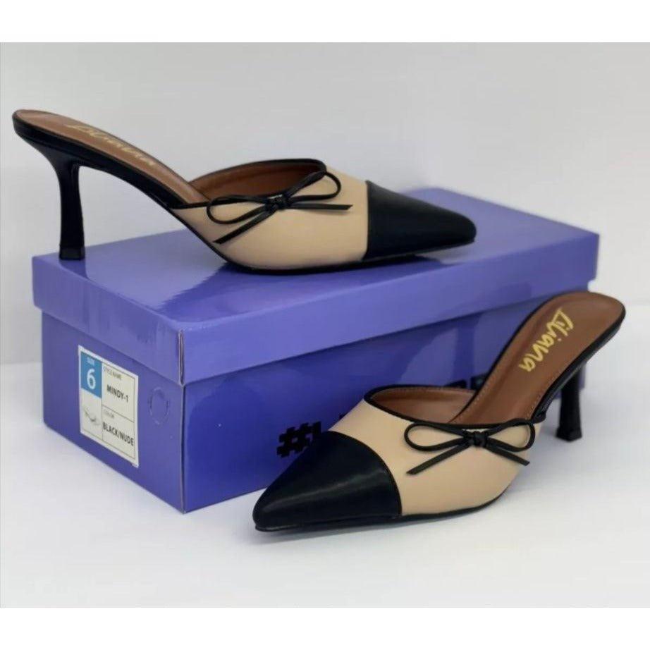 LILIANA / Mindi-1 / Vintage-Inspired/ Beige & Black / Slingback / Pointed-Toe Heels / With Bow Detail SHOES BY FLOR