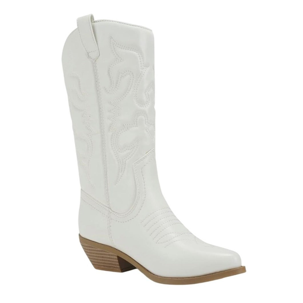 SODA / Reno / White / Embroidered / Western Cowgirl Boots / With Low Block Heel & Pointed Toe SHOES BY FLOR