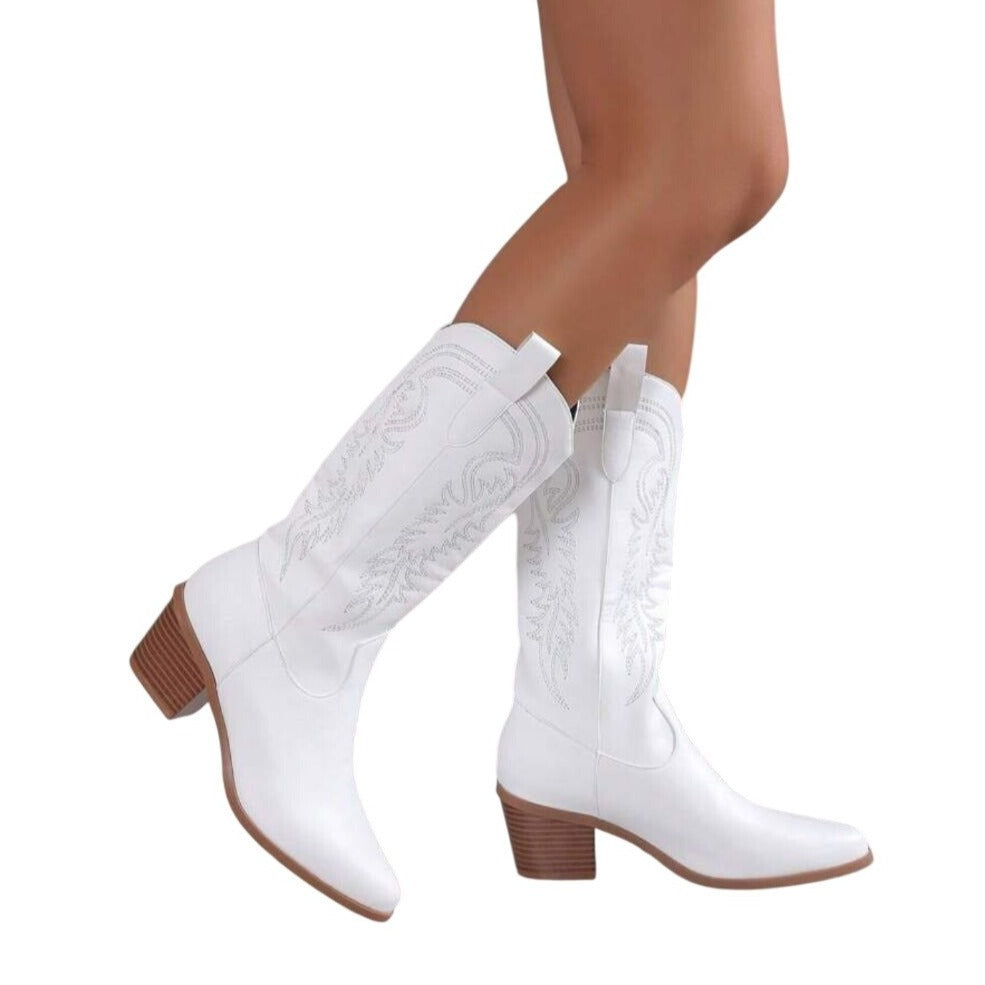 SODA / Reno / White / Embroidered / Western Cowgirl Boots / With Low Block Heel & Pointed Toe SHOES BY FLOR