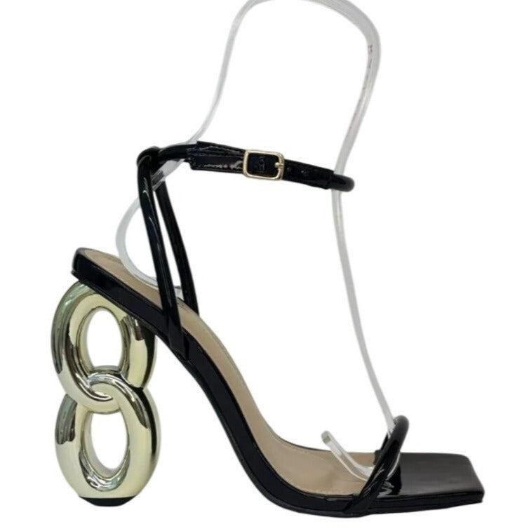 LILIANA / Duet-2 / Black / Patent Leather / Heeled / Sandals / With Unique Metallic 8-Inspired Heel Design SHOES BY FLOR