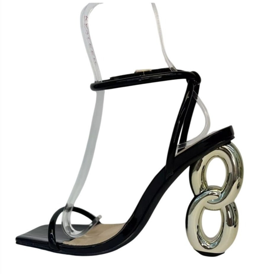 LILIANA / Duet-2 / Black / Patent Leather / Heeled / Sandals / With Unique Metallic 8-Inspired Heel Design SHOES BY FLOR