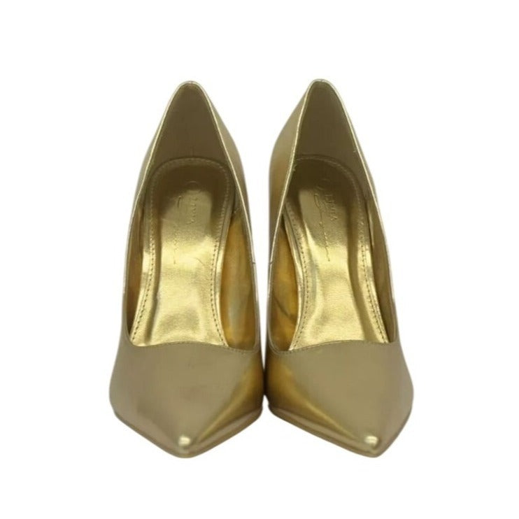 OLIVIA FERGUSON / Kiara / Gold / Pointed-Toe / High Heel Pumps / Size 8 / Faux Leather / Elegant Stiletto Heels With 4.5" Heel Height SHOES BY FLOR
