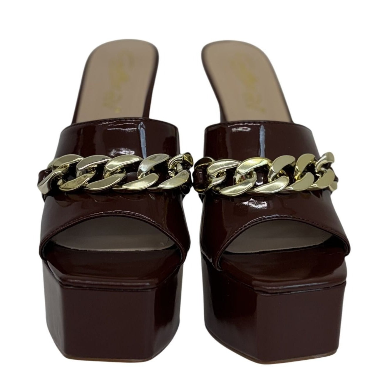 CATHY DIN / Kaiaa-7 / Brown Patent Leather / Platform / High Heel / Sandals With Gold Chain Accent SHOES BY FLOR