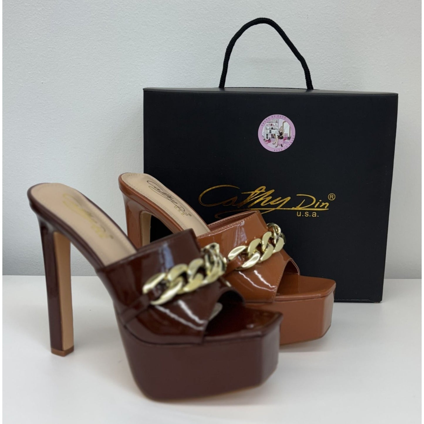 CATHY DIN / Kaiaa-7 / Brown Patent Leather / Platform / High Heel / Sandals With Gold Chain Accent SHOES BY FLOR