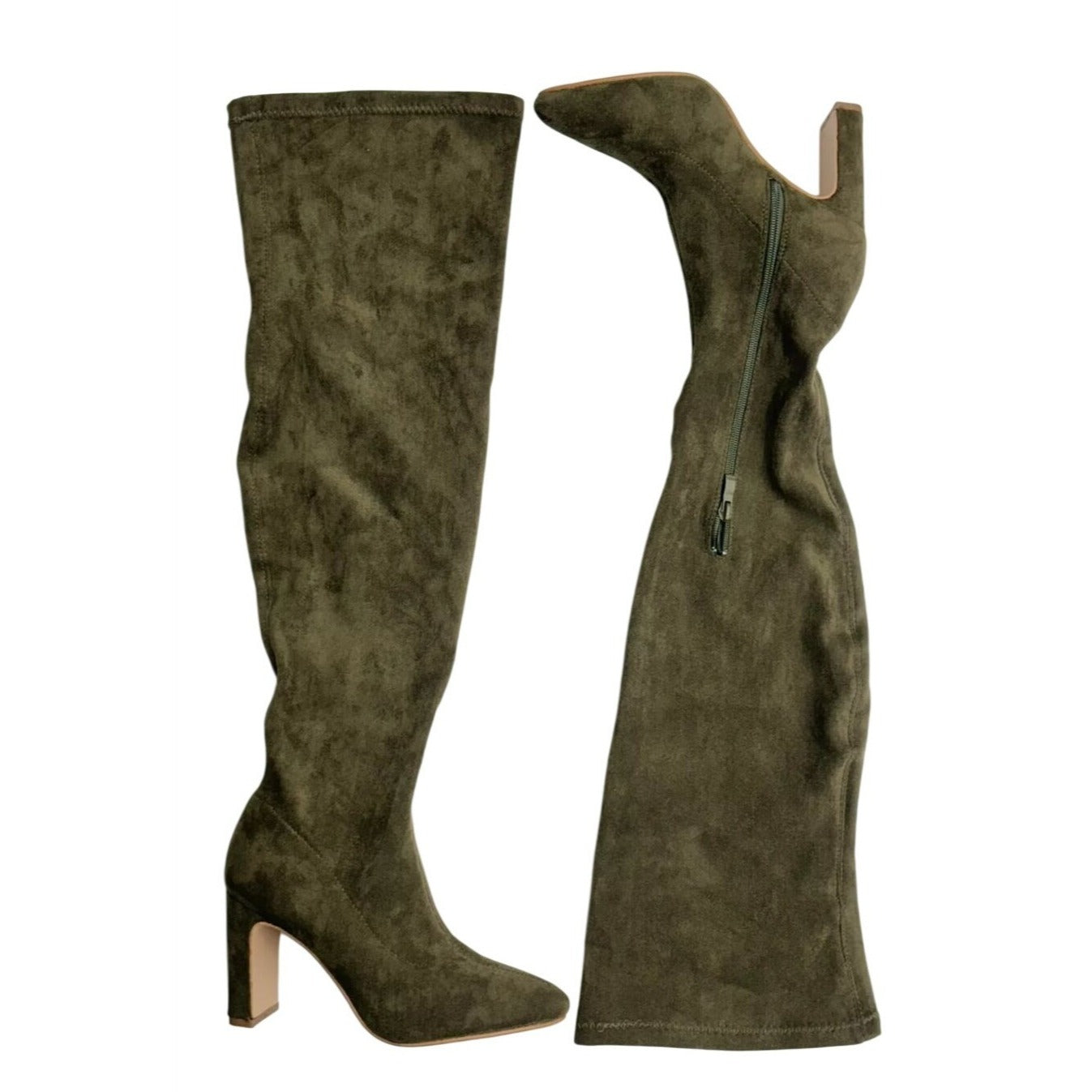 SHOES BY FLOR / Army JM / Olive Suede / Over The Knee / With Block Heel / Size 6 SHOES BY FLOR