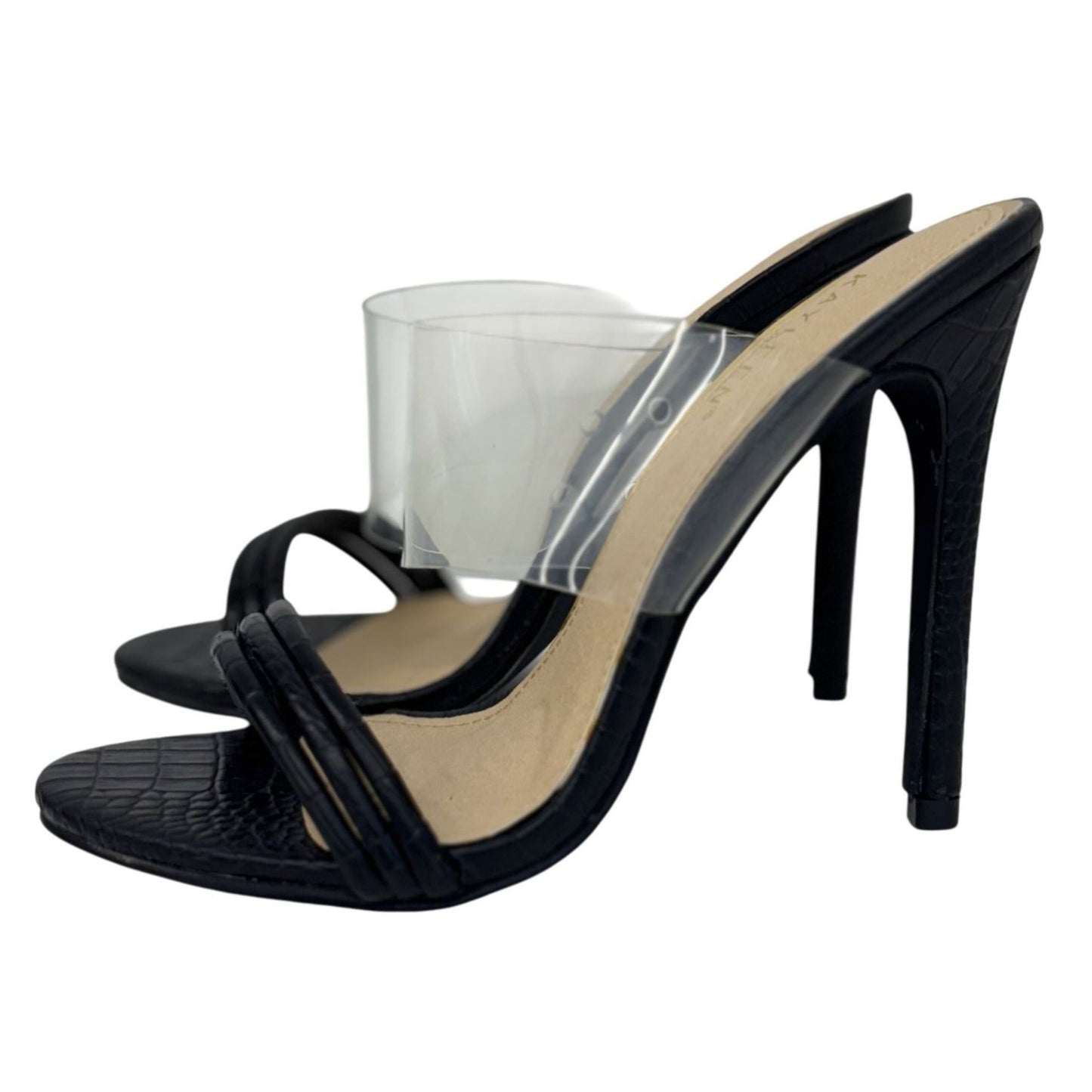 KAYLEEN / Berkley-16 / Black Croc-Embossed / Clear / Strap / Heeled Sandals SHOES BY FLOR