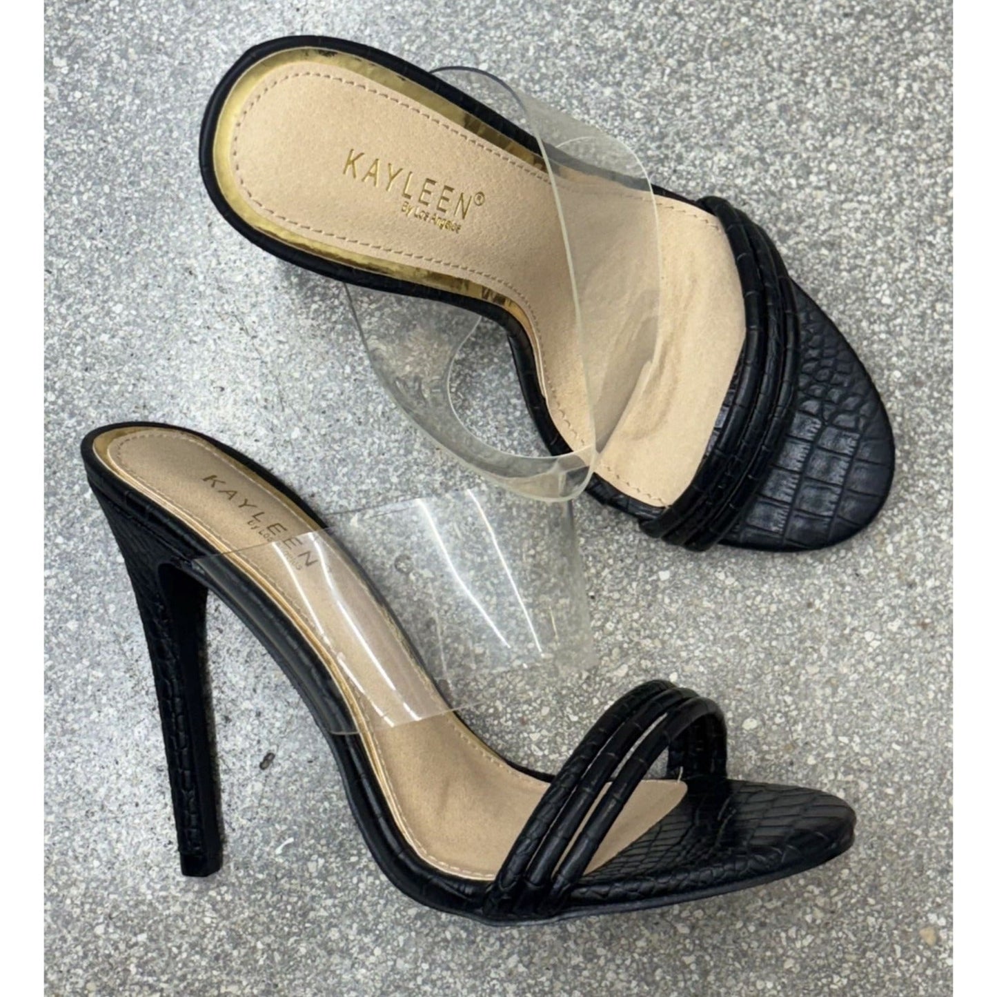 KAYLEEN / Berkley-16 / Black Croc-Embossed / Clear / Strap / Heeled Sandals SHOES BY FLOR