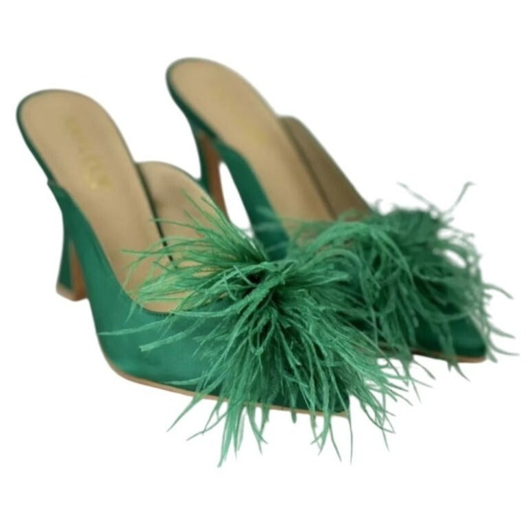 KAYLEEN / Cailin-20/ Green Satin / Feathered / Mule Heels/ With Pointed Toe / Block Heel For Women SHOES BY FLOR