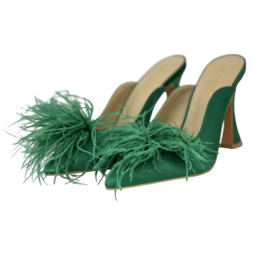 KAYLEEN / Cailin-20/ Green Satin / Feathered / Mule Heels/ With Pointed Toe / Block Heel For Women