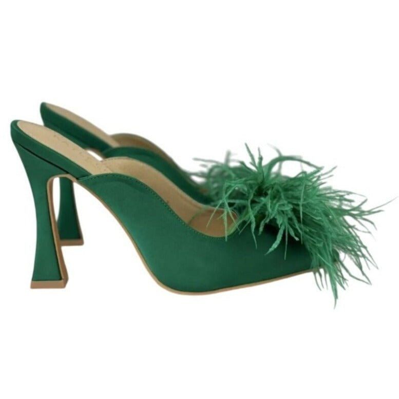 KAYLEEN / Cailin-20/ Green Satin / Feathered / Mule Heels/ With Pointed Toe / Block Heel For Women