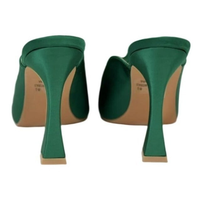 KAYLEEN / Cailin-20/ Green Satin / Feathered / Mule Heels/ With Pointed Toe / Block Heel For Women