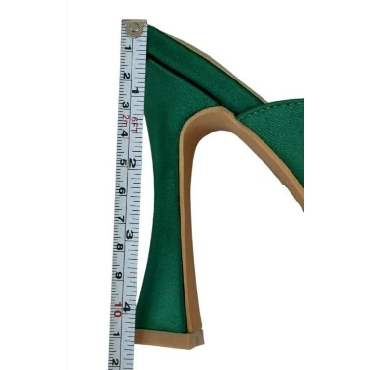 KAYLEEN / Cailin-20/ Green Satin / Feathered / Mule Heels/ With Pointed Toe / Block Heel For Women