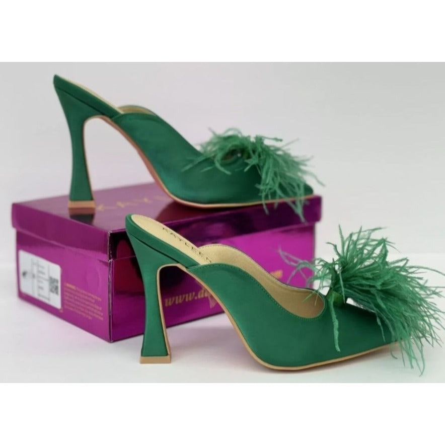 KAYLEEN / Cailin-20/ Green Satin / Feathered / Mule Heels/ With Pointed Toe / Block Heel For Women