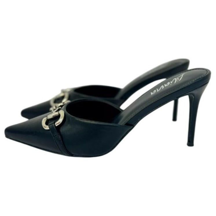 LILIANA / Silla-9/ Black / Pointed Toe / Stiletto Mule / Heels / With Silver Buckle Detail / Size 10 SHOES BY FLOR