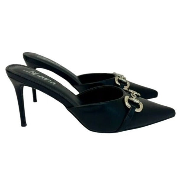 LILIANA / Silla-9/ Black / Pointed Toe / Stiletto Mule / Heels / With Silver Buckle Detail / Size 10 SHOES BY FLOR