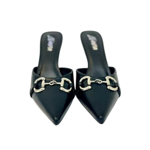 LILIANA / Silla-9/ Black / Pointed Toe / Stiletto Mule / Heels / With Silver Buckle Detail / Size 10 SHOES BY FLOR