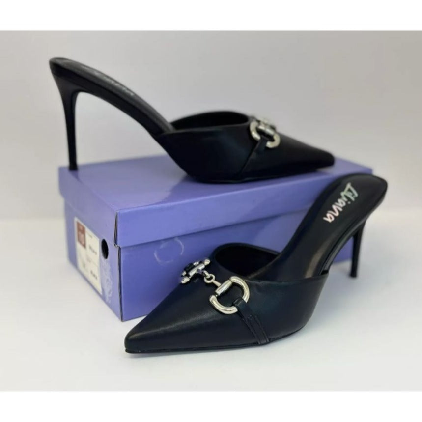 LILIANA / Silla-9/ Black / Pointed Toe / Stiletto Mule / Heels / With Silver Buckle Detail / Size 10 SHOES BY FLOR