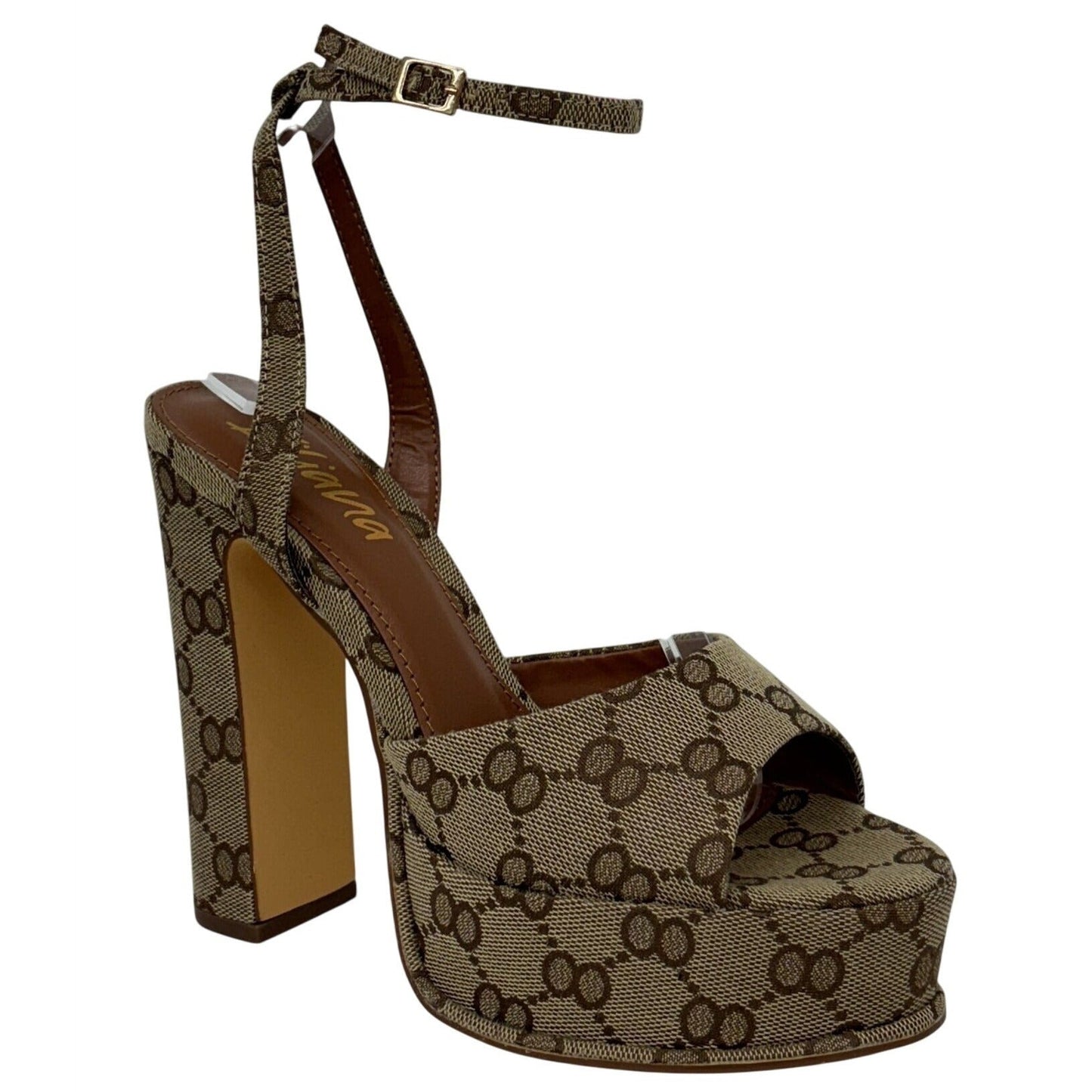 LILIANA / Josy-6 / Beige Monogram / Platform / Heels With Adjustable Ankle / Strap Open Toe / Design And Chunky Block Heel SHOES BY FLOR