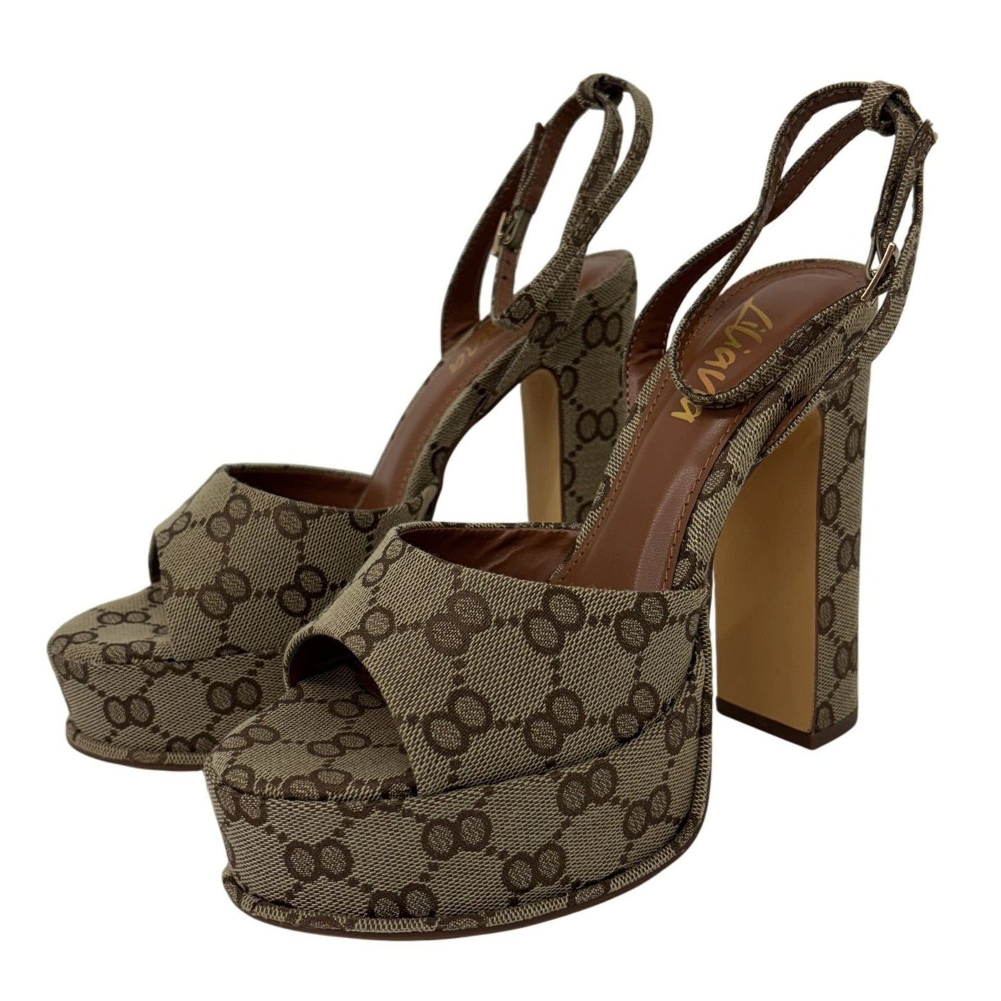 LILIANA / Josy-6 / Beige Monogram / Platform / Heels With Adjustable Ankle / Strap Open Toe / Design And Chunky Block Heel SHOES BY FLOR