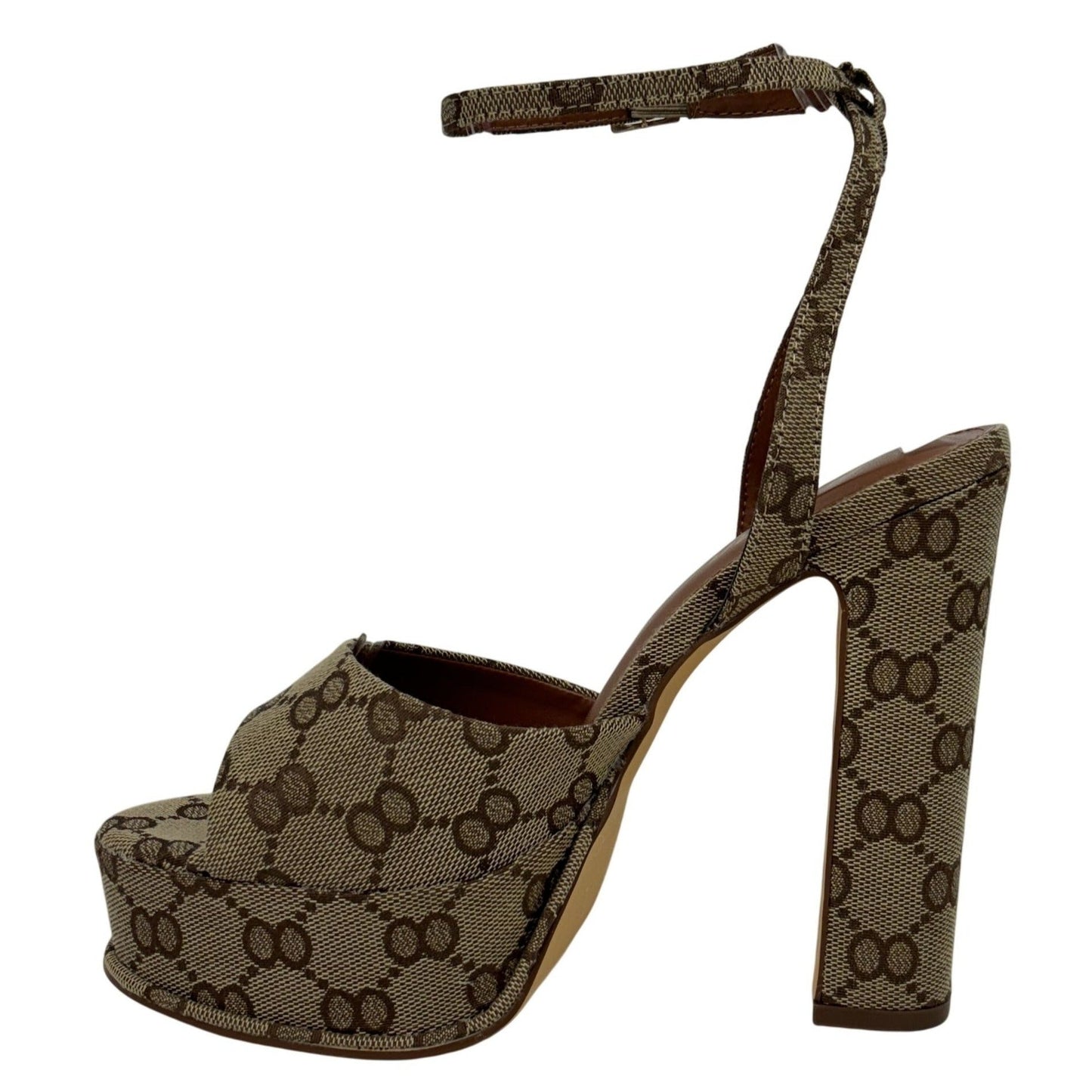 LILIANA / Josy-6 / Beige Monogram / Platform / Heels With Adjustable Ankle / Strap Open Toe / Design And Chunky Block Heel SHOES BY FLOR